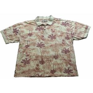 Caribbean Joe Polo Shirt Mens Large Beige Hawaiian Tropical Flowers Knit‎ Casual